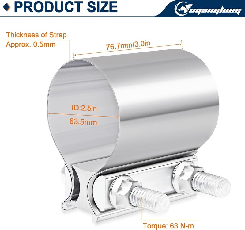 ouyanglong 2.5 Inch Exhaust Clamp, 2 1/2'' Lap Joint Band Clamp Sleeve Coupler for Pipes Catalytic Mufflers Converters, 2 Pairs - Image 2